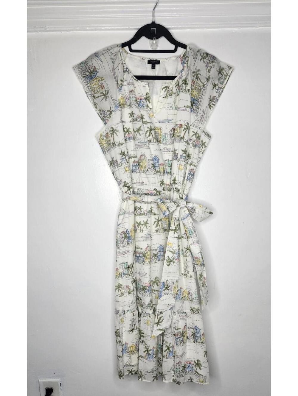 Talbots Dress Womens 12P White Coastal Print Belted V-Neck Cotton Lined Midi